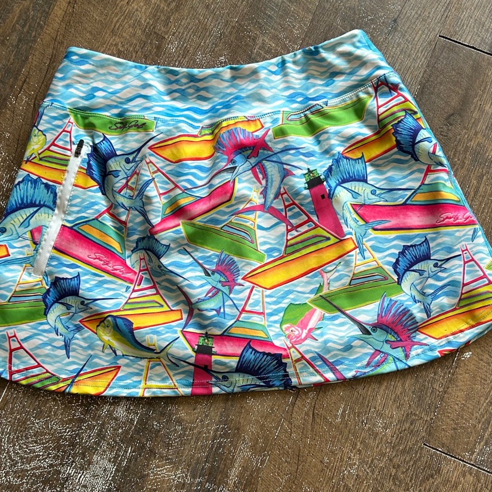 Sporty Girl Marlin Fishing Boat Print Athletic Skort Blue Pink XL Pocket Zipper